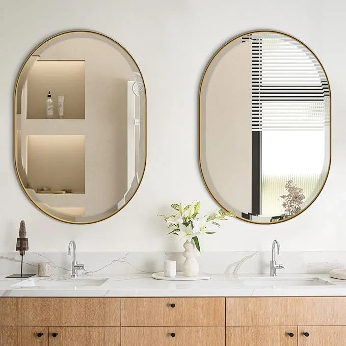 POZINO Oval Mirror Over Sink, Brushed Gold Beveled Bathroom Mirror, 22"x30" Vanity Wall Mirrors with Stainless Steel Frame, Brass Modern Rounded Mirrors for Bedroom Living Room Entryway - ModernBath