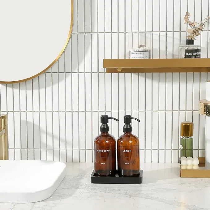 Prus Waso Amber Glass Soap Dispenser Set, Hand Soap and Lotion Set with Black Stainless Steel Pump, Perfect for Modern Bathroom Decor. (Amber) - ModernBath