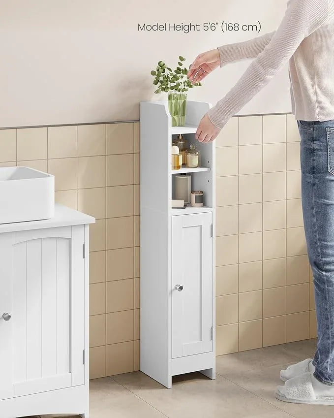 VASAGLE Small Storage Corner Floor Cabinet with Door, 7.9 x 7.1 x 36.2 Inches, Narrow Toilet Paper Storage Holder, Adjustable Shelves, for Bathroom, Living Room, Small Spaces, Cloud White UBBC311W01 - ModernBath