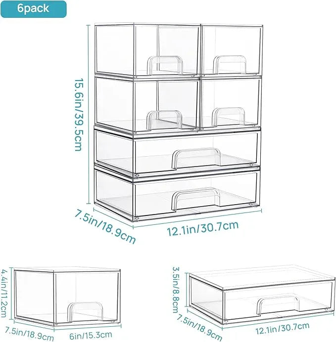 Vtopmart Stackable Storage Drawers Set of 6, Clear Plastic Organizer Bins for Bathroom Supplies,Ideal for Cabinet,Pantry,Laundry Room Organization - ModernBath