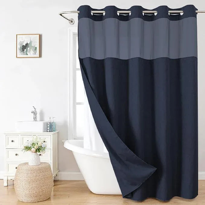 eachope No Hooks Needed Linen Textured Shower Curtain with Snap-in Fabric Liner Set,Hotel Luxury Decor Waterproof Shower Curtains for Bathroom with Mesh Top Window,Washable,71Wx74H,Navy Blue - ModernBath
