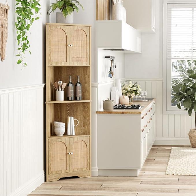 67''H Tall Corner Cabinet with Handmade Rattan Door, Rattan Storage Cabinet with Adjustable Shelves, Corner Bookshelf Space Saver for Barthroom, Kitchen, Natural | Tall, Handmade Rattan Door, Adjustable Shelves, Corner Bookshelf, Space Saver - ModernBath
