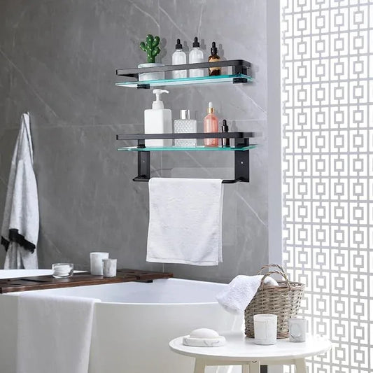 Suzile Set of 2 Glass Bathroom Shelves with Bar, Wall Mounted 15.7 x 4.7 Inches, Bathroom Shelves Hanging Modern Floating Shelf Metal Stick Room Rustproof Organizer Decorative(Black) - ModernBath