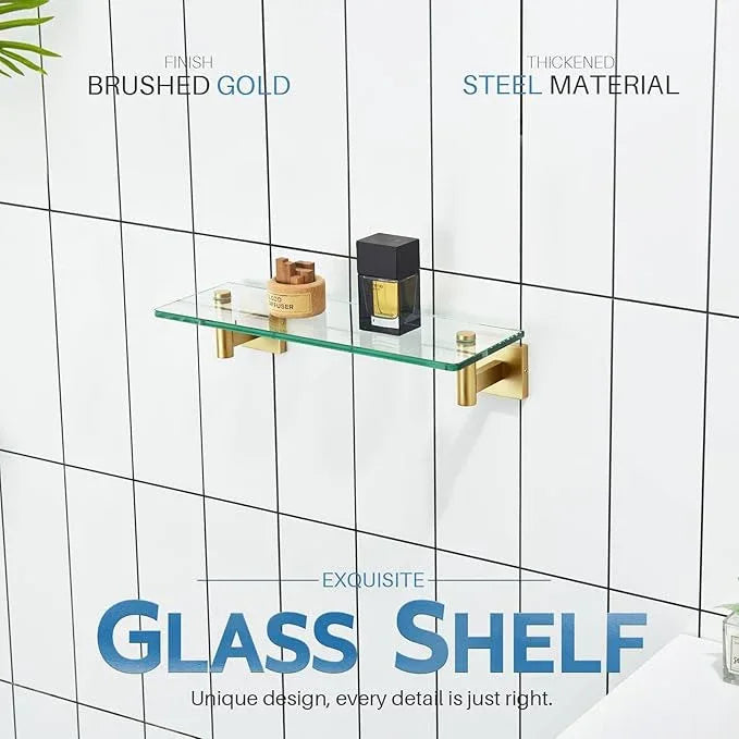 KOKOSIRI Wall Shelves Floating Shelf 12'' Gold Stainless Steel Bathroom Hardware Tempered Glass Hanging Rack Storage/Room Decor 2 Pack B1105BG-L12-P2 - ModernBath