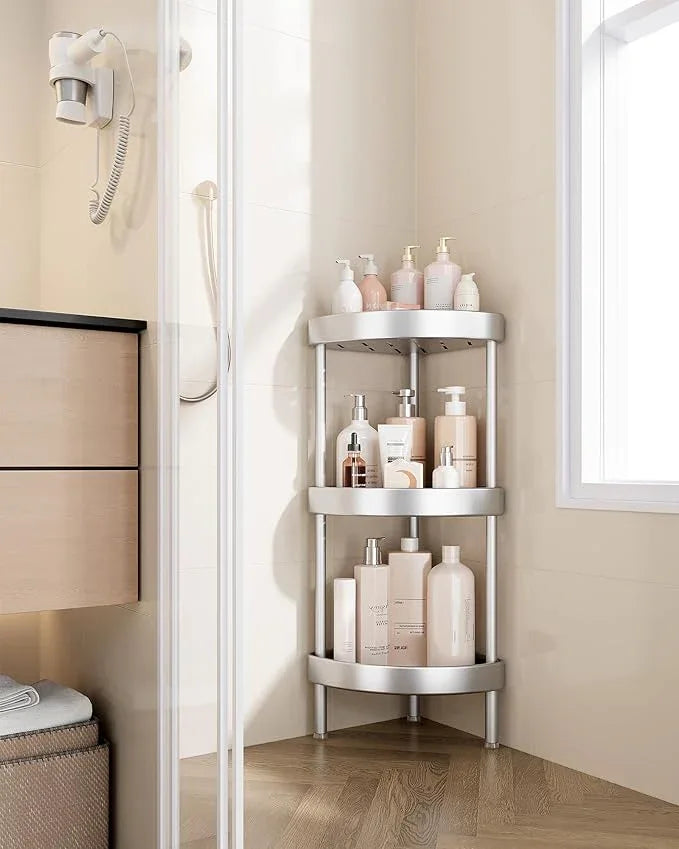 Nieifi Corner Shower Caddy Stand-3 Tier Rustproof Anodized Aluminum Standing Shower Organizer-Shower Caddy Corner-Dual Stability to Anti-Shaking-Height-Adjustable Legs for Uneven Surfaces-Silver - ModernBath