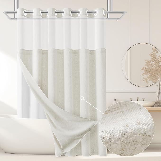 Jowels No Hooks Needed Linen Shower Curtain and Liner Set,Ivory Hotel Luxury Decor Shower Curtains for Bathroom with See Through Top Window,Water Resistant Fabric,72Wx84L,Ivory - ModernBath