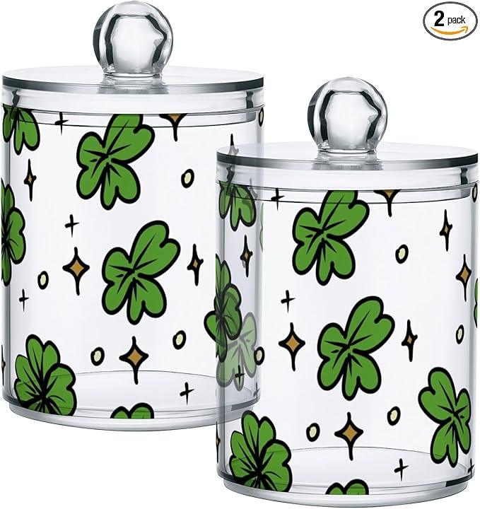 Qtip Holder Bathroom Set Q tip Cotton Ball Swab Pad Dispenser Container Organizer Plastic Jars with Lids Storage 2Pack Clover Leaves and Stars St Patricks - ModernBath