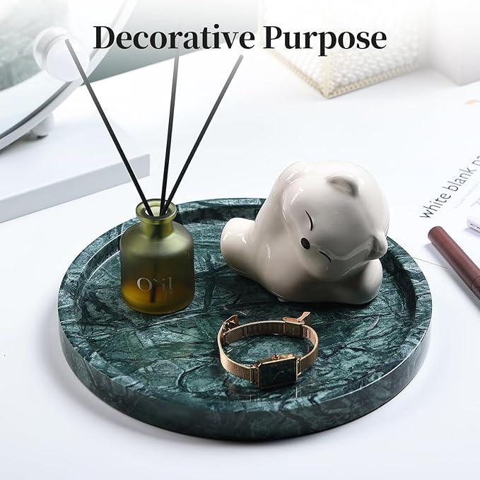 Real Natural Round Marble Tray for Bathroom, Genuine Marble Stone Vanity Tray, Luxury Storage Trays for Kitchen, Vanity, Home Decor, Dresser, Non-Resin/Non-Ceramic, 10"x 1", Green - ModernBath