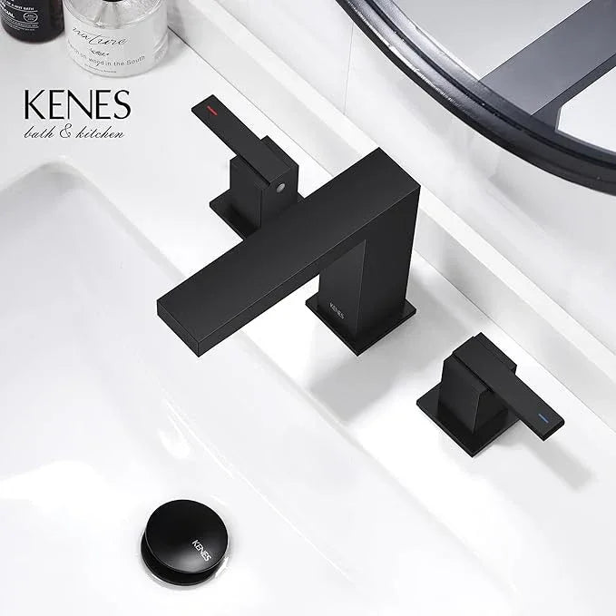 KENES Black Widespread Bathroom Faucet 3 Hole Bathroom Sink Faucet Matte Black Two Handle, 8-Inch 3 Pieces Bathroom Vanity Faucet with Pop Up Drain & Supply Lines, KE-9050-2-P - ModernBath