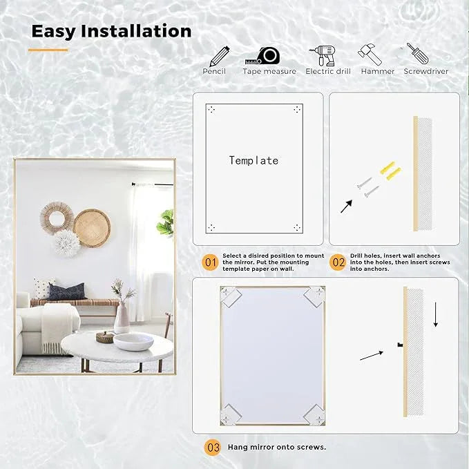 Bonverre 24x36 Inch Brass Bathroom Mirror for Wall, Aluminum Frame Rectangle Rectangular Vanity Mirror, Modern Large for Bedroom, Living Room, Horizontal or Vertical - ModernBath