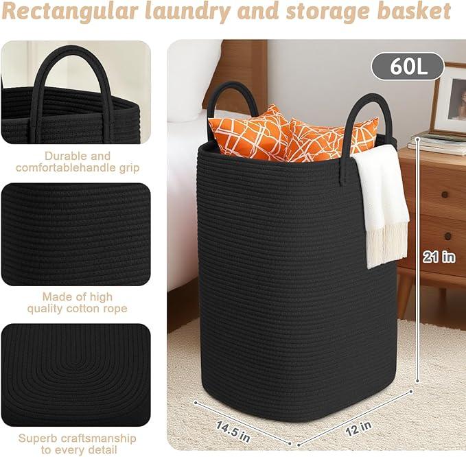 Laundry Basket,Woven Cotton Rope Laundry Hamper,60L Versatile Storage for Dirty Clothes,Baby Toys,and Blankets in Bathroom, Nursery,and Living Room - ModernBath