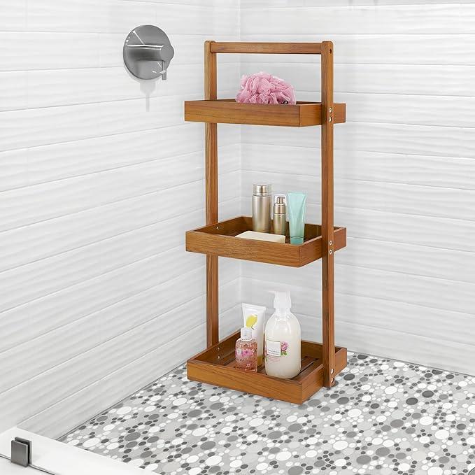 Utoplike Teak Shower Caddy Corner, 3 Tier Standing Shower Organizer Shelf with Handle, Wood Bathroom Stand Up Caddy Basket for Shampoo, Rack for Inside Shower, Bath, Office, Kitchen Desktop - ModernBath