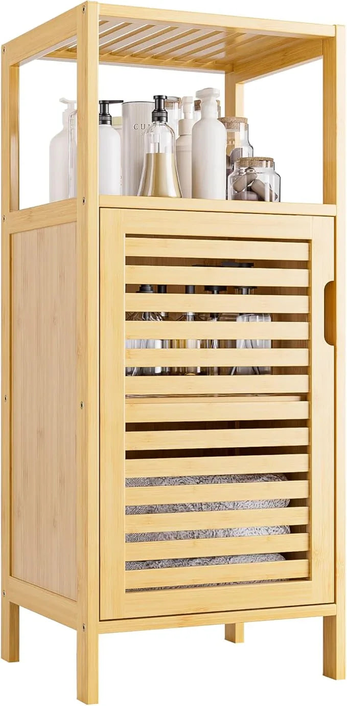 HITNET Bathroom Cabinet Freestanding, Small Bamboo Floor Cabinet, 4 Tier Single Door Sofa Side Table Storage Organizer, Space Saving Kitchen Cupboard, Natural - ModernBath