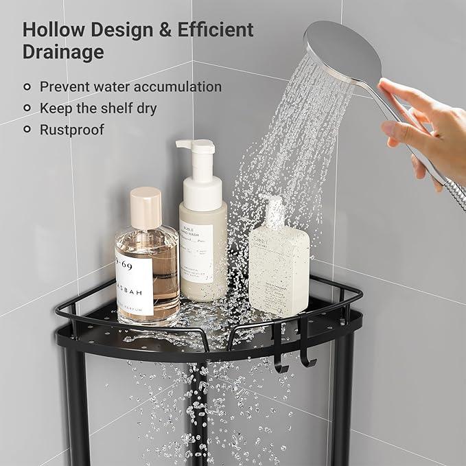 ELYKEN Corner Shower Caddy Standing, 4 Tier Rustproof Metal Shower Organizer with Soap Holder, Floor Shower Corner Shelf Rack Storage Stands with Adjustable Feet & 2 Hooks for Bathroom, Black - ModernBath