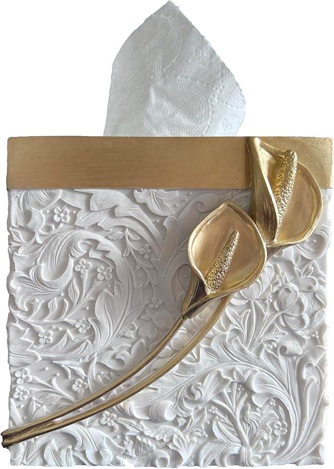 Huitony Square Tissue Box Cover Decorative Kleenex Box Holder for Bathroom & Living Room with Handcrafted Texture (colla Gold) - ModernBath