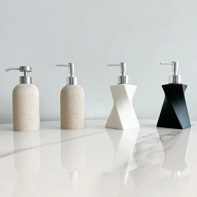 Sand Beige Hand Soap Dispenser for Bathroom and Kitchen with Pump, Luxury Farmhouse Style, Lotion, Dish Soap Dispenser, Sandstone Finish, Rust Proof, 7oz (Silver Pump) - ModernBath