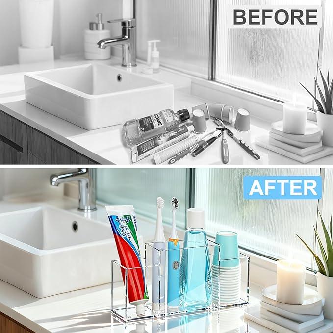 Acrylic Toothbrush Holder for Bathroom Counter, Clear Multi-Functional Toothbrush Organizer with Compartments for Electric Toothbrush, Toothpaste - ModernBath