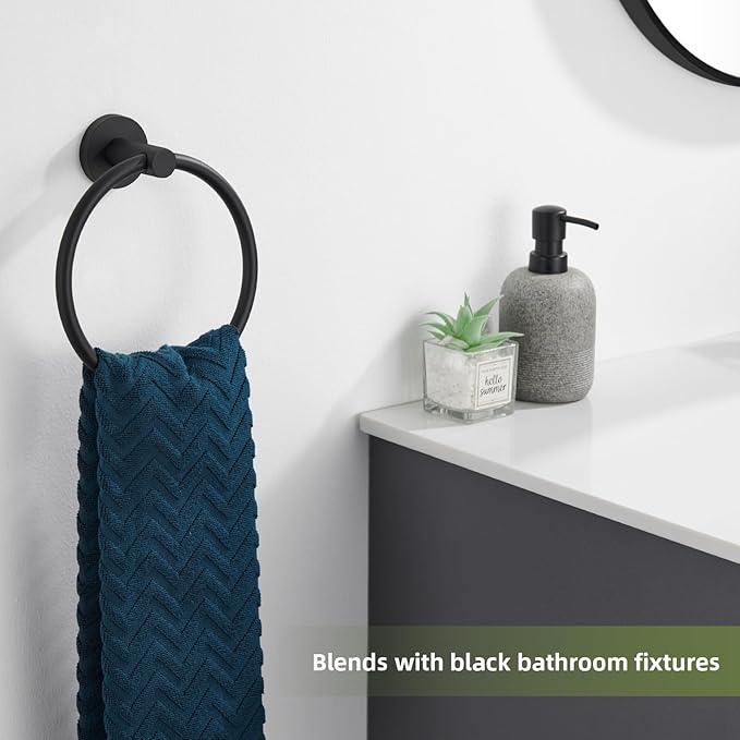 APLusee Round Hand Towel Ring for Bathroom Wall, Solid Stainless Steel Wall Mounted Bathroom Towel Holder, Modern Matte Black - ModernBath