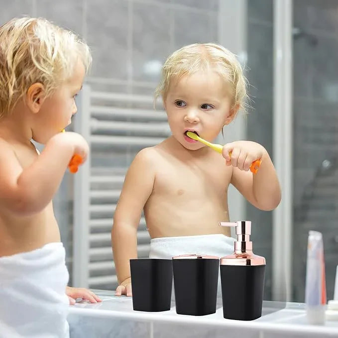 XLHOMO Black Bathroom Accessories, 9-Piece Black Bathroom Set with Trash Can, Vanity Tray, Soap Dispenser, Soap Dish, Toothbrush Holder, Toothbrush Cup, Toilet Brush and Qtip Holders - ModernBath