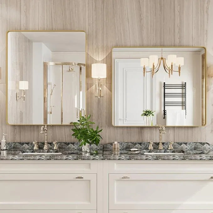 JISOSO Gold Bathroom Mirror, 30x36 Inch Brushed Gold Metal Frame Mirror for Wall, Rounded Rectangle Bathroom Vanity Mirror, Tempered Glass, Anti-Rust, Horizontal/Vertical - ModernBath