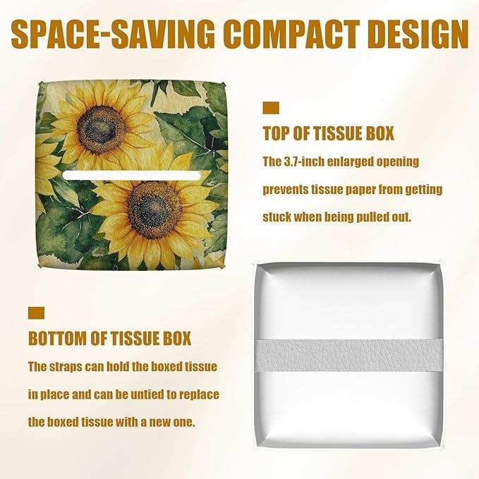 Watercolor Sunflower Tissue Box Cover 2PCS, Leather Tissue Box Holder Square Facial Paper Case Tissue Box Cube Organizer for Bathroom Bedroom Desk Office - ModernBath