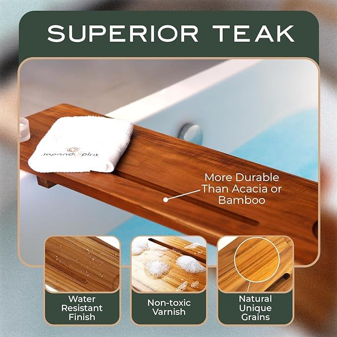 Grand Fjord | Teak Bathtub Tray for Large Soaking Tub | Extra Long 35” Luxury Bath Caddy for Freestanding Tubs | Minimalist Wooden Tub Tray with Candle Holders & Premium Towel by JapandiSpirit - ModernBath