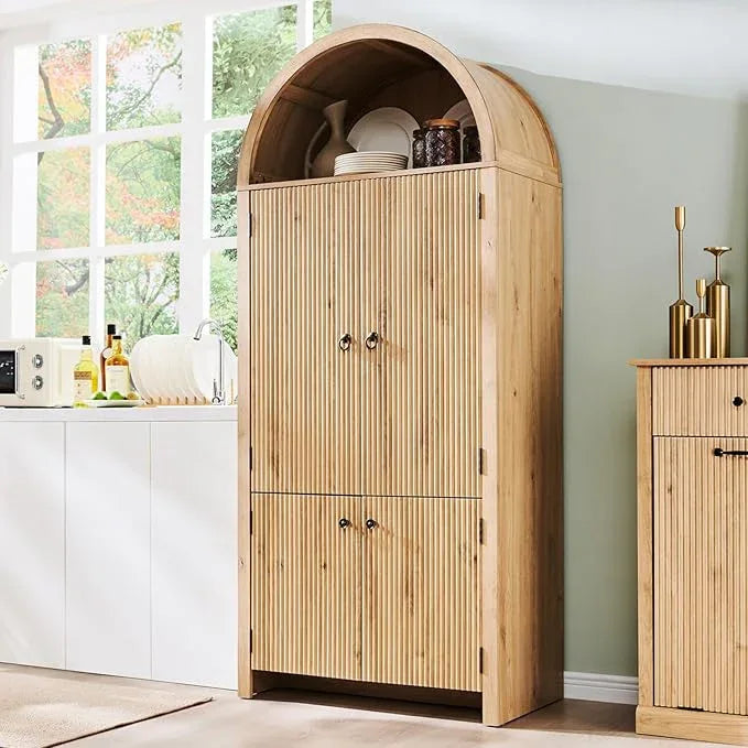 71" Tall Arched Bathroom Storage Cabinet, Modern Fluted Storage Cabinet w/Doors, 3 Adjustable Shelves, 6 Door Shelves, Wood Freestanding Cabinet for Bathroom, Entryway, Hallway, Natural - ModernBath
