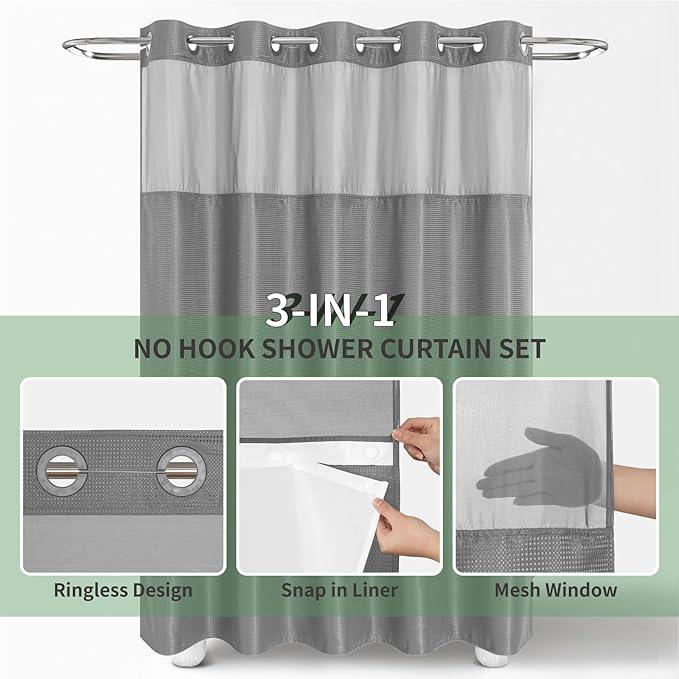 eachope Stall No Hook Shower Curtain with Snap-in Fabric Liner Set,Waffle Weave Shower Curtains for Bathroom,Hotel Luxury Decor Bathroom Curtain Set,Waterproof & Washable,Grey,36Wx74H - ModernBath