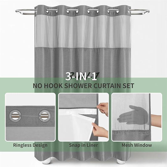 eachope Grey No Hook Shower Curtain with Snap-in Fabric Liner Set,Waffle Weave Shower Curtains for Bathroom,Hotel Luxury Decor Bathroom Curtain Set,Waterproof & Washable,71Wx77H - ModernBath