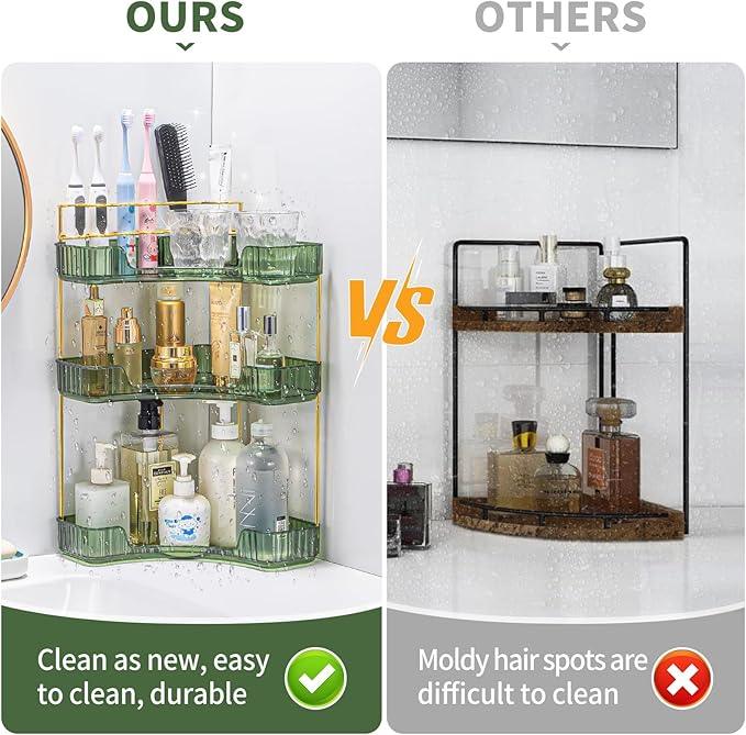shuang qing Upgraded 3-Tier Corner Bathroom Countertop Organizer – Spacious Storage for Makeup, Skincare & Perfumes, Built-in Brush Holder Fits Vanity/Dresser/Bsthtub (Sage Green) - ModernBath