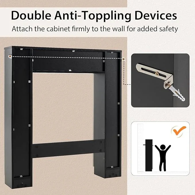 Giantex Over The Toilet Storage Cabinet, Double Door Freestanding Bathroom Organizer w/ 2 Open Compartments & 4 Adjustable Shelves, Bathroom Space Saver, Laundry Room Storage Rack (Black+Oak) - ModernBath