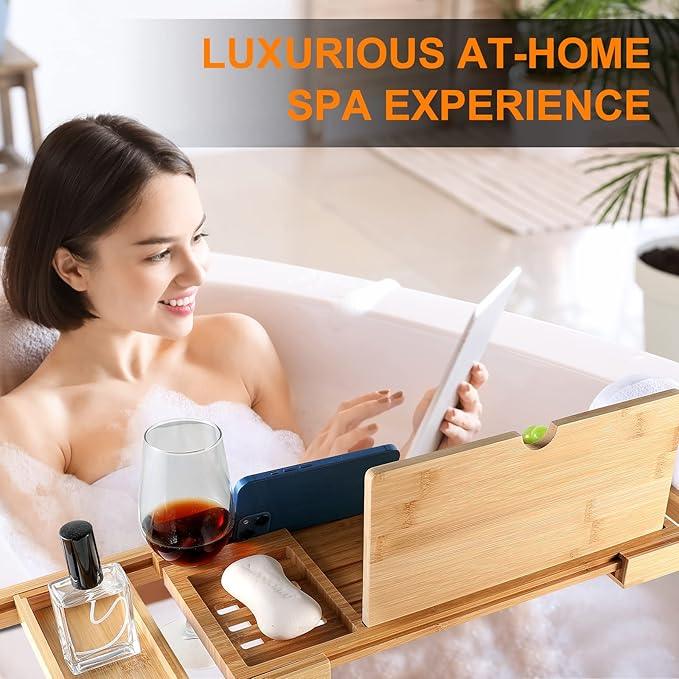 Premium Bamboo Bathtub Caddy Tray with Extending Sides, Adjustable Wood Bath Tray for Luxury Bath, Fits Most Tubs, Accessories Gift Idea - ModernBath