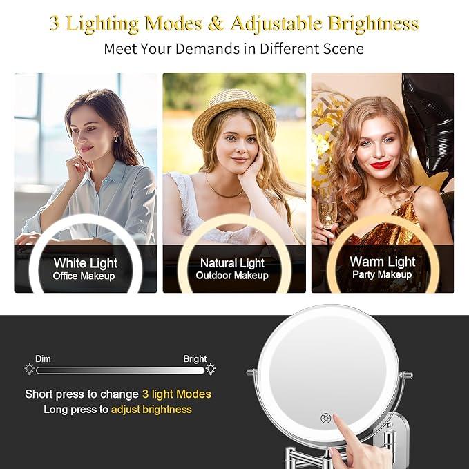 FUNTOUCH Rechargeable Wall Mounted Makeup Mirror with Lights,5000mAh Double Sided 3X/20X Magnifying,3 Color Lights,Touch Dimmable, Extended Arm 360 Rotation Lighted Bathroom Mirror with Magnification - ModernBath
