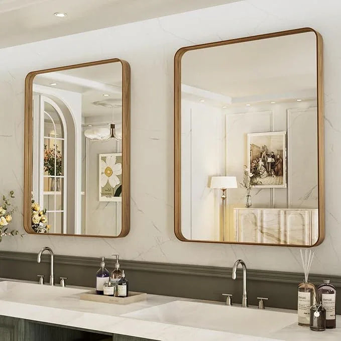 LOAAO 20X30 Inch Bathroom Mirror with Wood Grain Colored Metal Frame, Rounded Rectangle Metal Framed Bathroom Mirror, Anti-Rust, Hangs Horizontally or Vertically - ModernBath