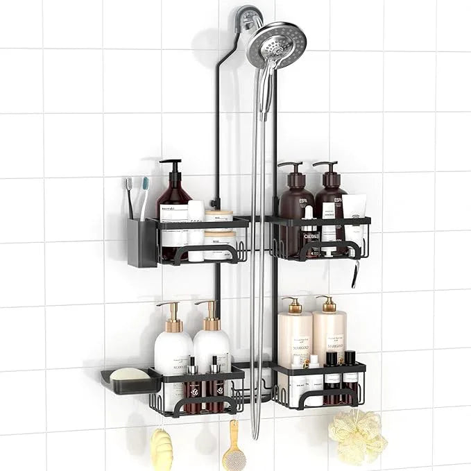 REINHARDT Shower Caddy Hanging for Handheld Showerheads Adjustable Split Shower Caddy, Rustproof Shower Organizer with Hooks for Razors Over the Head Caddy with Soap Holder Bathroom Accessories, Black - ModernBath