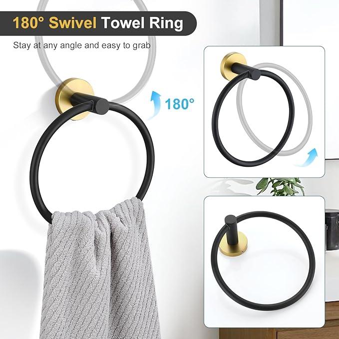 TQKAG 8-Pieces Bathroom Hardware Set Black and Gold SUS304 Stainless Steel Bath Towel Bar Set 23.6 Inch Round Bathroom Accessories Kit Wall Mounted - ModernBath
