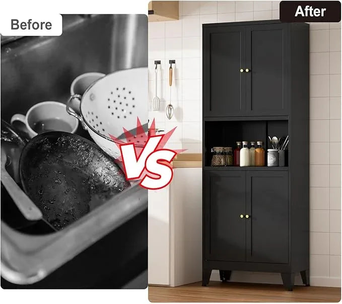 Metal Kitchen Pantry Cabinet, 69" Tall Storage Cabinet with 4 Doors and 3 Adjustable Shelves, Freestanding Cupboards for Dining Room, Living Room, Bathroom (Black, 69" H) - ModernBath