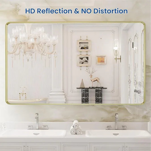 WEER Gold Bathroom Mirror, 50X30 Inch Brushed Gold Metal Frame Mirror, Rounded Rectangle Gold Bathroom Vanity Mirror for Wall, Tempered Glass, Anti-Rust, Hangs Horizontally or Vertically - ModernBath
