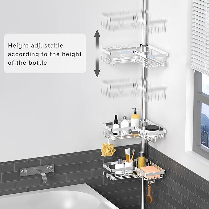 KEGII Corner Shower Caddy Tension Pole - Chrome 4-Tier Adjustable Shower Tension Rod Organizer with Hooks & Soap Holders, 25-114.2 Inch Stainless Steel Shower Storage Rack for Renters & Family - ModernBath