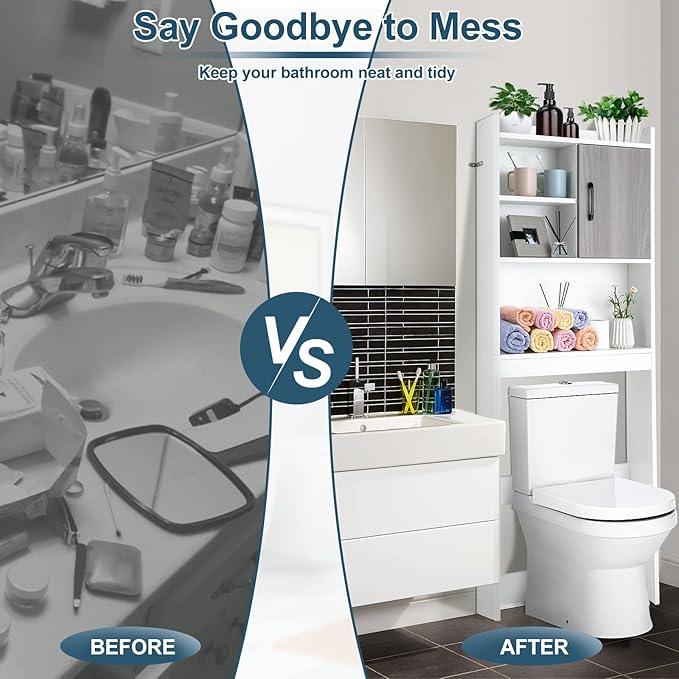 Giantex Over The Toilet Storage Cabinet, 4-Tier Freestanding Space Saver Above Toilet with Open Shelves & Door, Over Toilet Bathroom Organizer for Restroom, Laundry Room, White - ModernBath