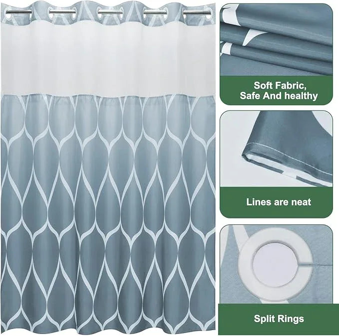 Yiatn No Hook Ombre Aegean Blue Shower Curtain with Snap in Fabric Liner Set - Hotel Style with See Through Mesh Top Window, 71x74 INCH - ModernBath