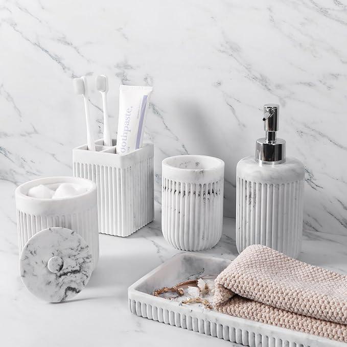 XLHOMO Resin White Marble Bathroom Accessories Set 5 Pcs, Lotion Soap Dispenser, Toothbrush Holder, Bathroom Tumbler, Qtip Holder and Vanity Tray, Bathroom Countertop Organizer Set for Home Apartment - ModernBath