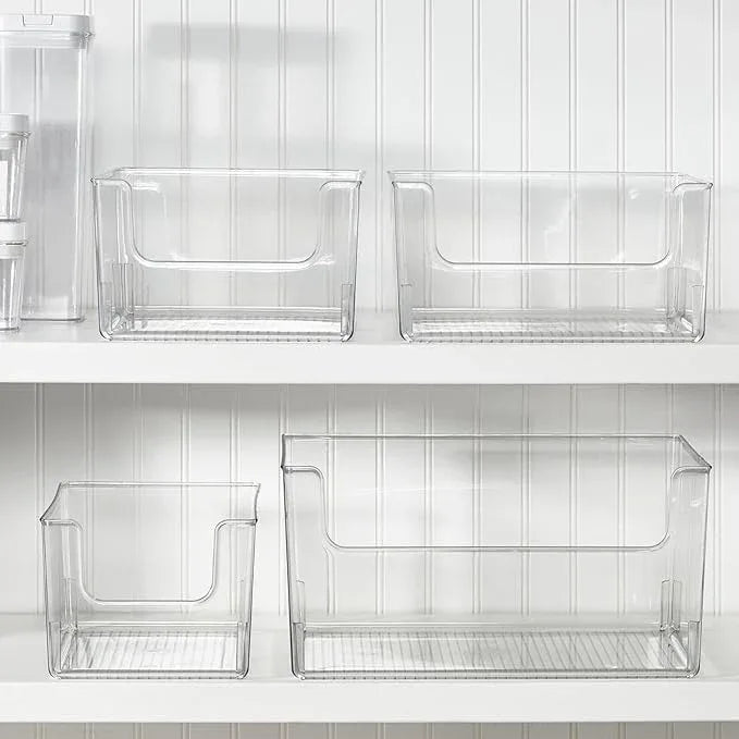 mDesign Plastic Modern Wide Open Front Dip Storage Organizer Bin Basket for Household Organization - Shelves, Cubby, Cabinet, and Closet Organizing Decor - Ligne Collection - 4 Pack - Clear - ModernBath