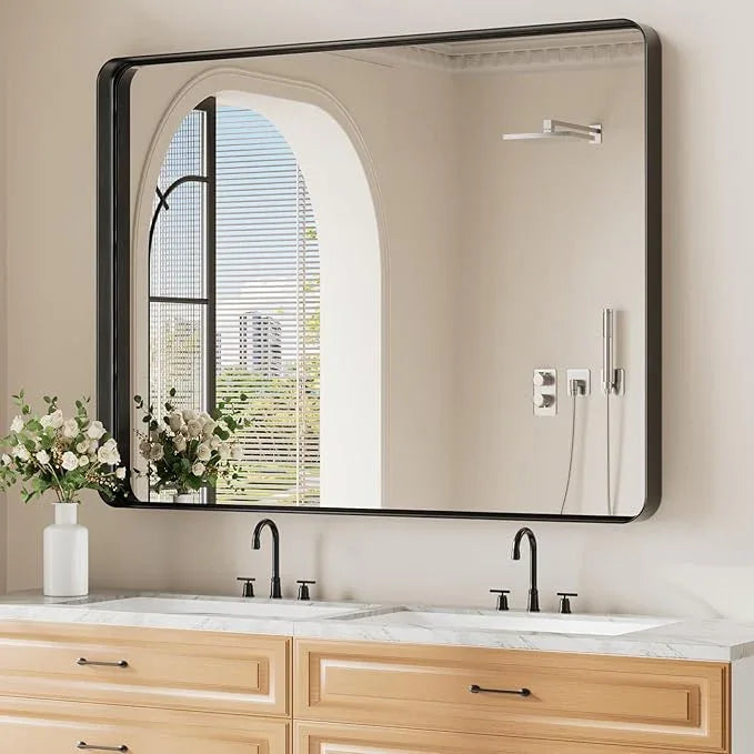 Koonmi Black Bathroom Mirror for Wall, 36x48 Inch Matte Metal Deep Framed Rounded Corner Wall Mirror, Shatterproof Tempered Glass for Farmhouse Bedroom Entryway, Vertically or Horizontally - ModernBath