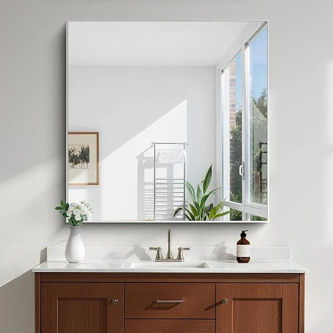 KOCUUY Silver Mirror, 42"x42" Square Bathroom Mirror for Wall, HD Tempered Glass, Anti-Rust Frame, Modern Design for Bathroom, Bedroom, Living Room, Entryway - ModernBath