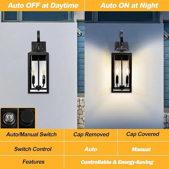 Black Dusk to Dawn Outdoor Wall Lantern 2-Light, 19" Large Outside Modern Porch Sconce Light Fixture, Industrial Porch Light Wall Mount with Glass, Waterproof Farmhouse Exterior Lamp Lighting - ModernBath