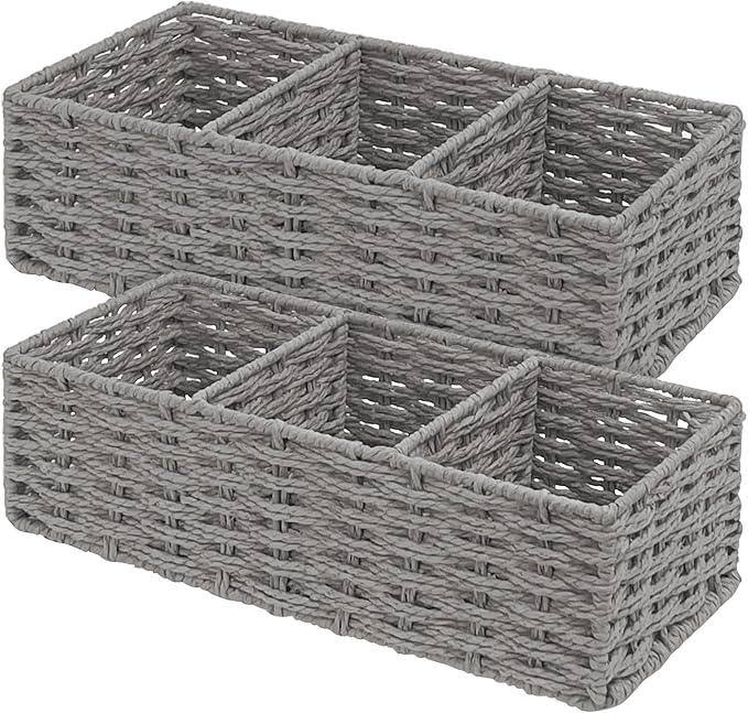 EITMOW Seagrass Wicker Basket for Toilet Tank Top, 3-Compartment Handwoven Bathroom Organizer for Toilet Paper, Pads, and Accessories (2, Gray) - ModernBath