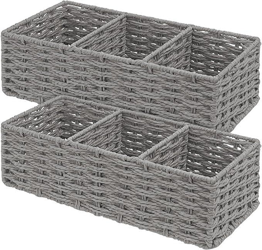 EITMOW Seagrass Wicker Basket for Toilet Tank Top, 3-Compartment Handwoven Bathroom Organizer for Toilet Paper, Pads, and Accessories (2, Gray) - ModernBath