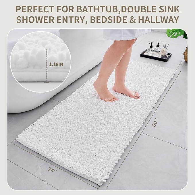 Ruggnovea Chenille Bathroom Rugs Non Slip Washable 60x24, Extra Thick Soft Absorbent Chenille Bath Mat, Non-Slip Barrier Backing, Quick Dry Machine Washable Bath Mats Tub, Shower,Floor/Sink,White - ModernBath
