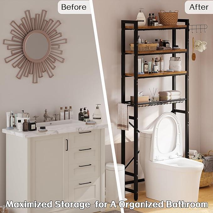 Over-The-Toilet Storage Rack, 4 Tier Bathroom Shelf Organizer Over Toilet with Adjustable Shelves, Basket, Hooks, Paper Holder, Quick Interlock Install & Water-Resistant Shelves (Vintage Brown) - ModernBath